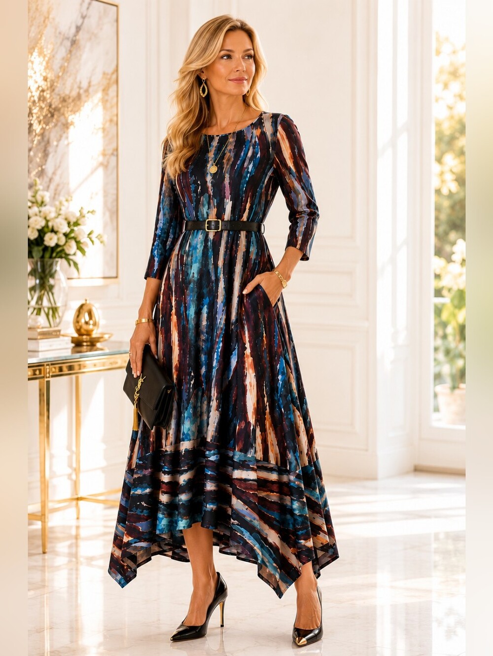 NWT.KOZAN Blue Multi-Stripe High-Low Maxi Dress